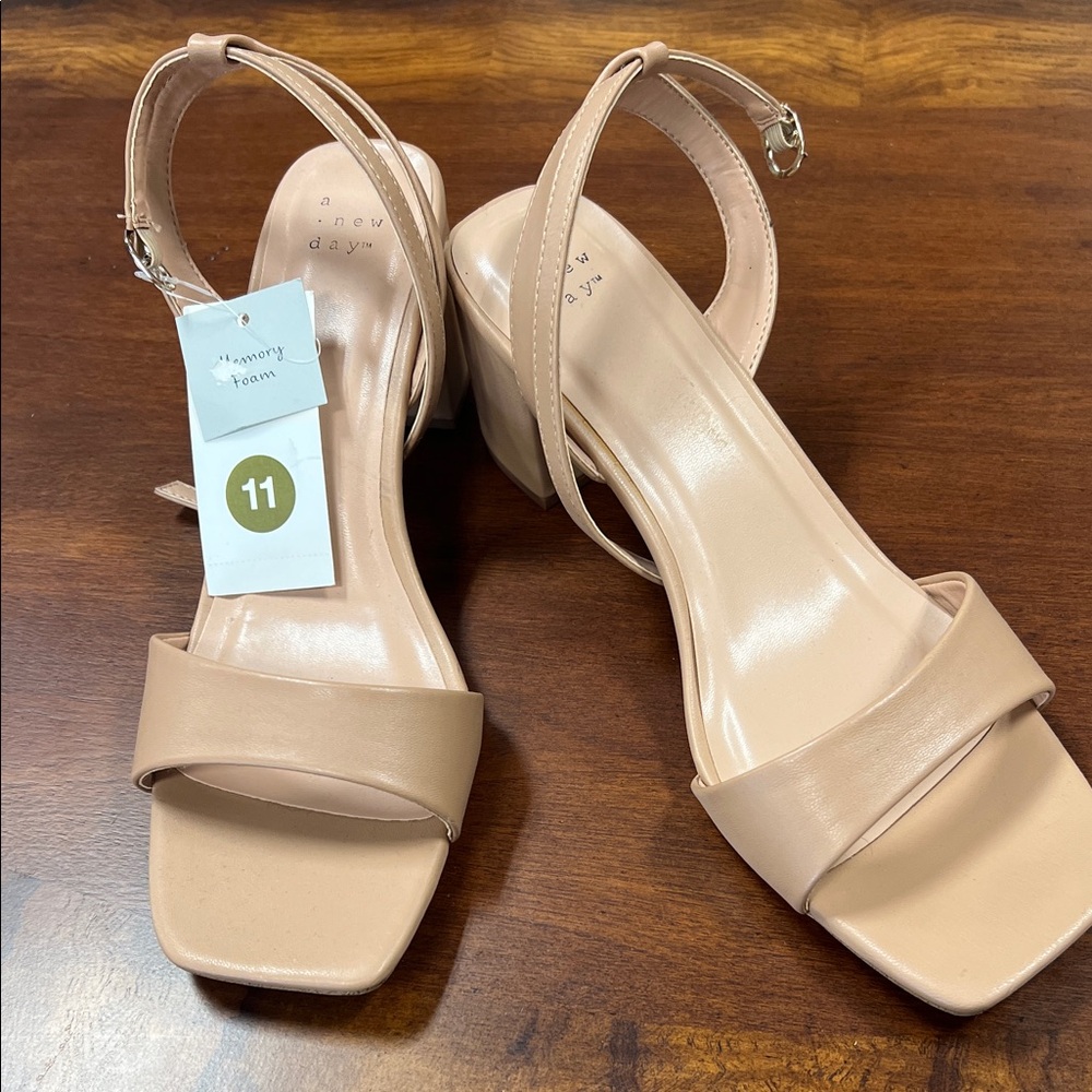 A New Day Tan Heels with Square Toe and Ankle Strap